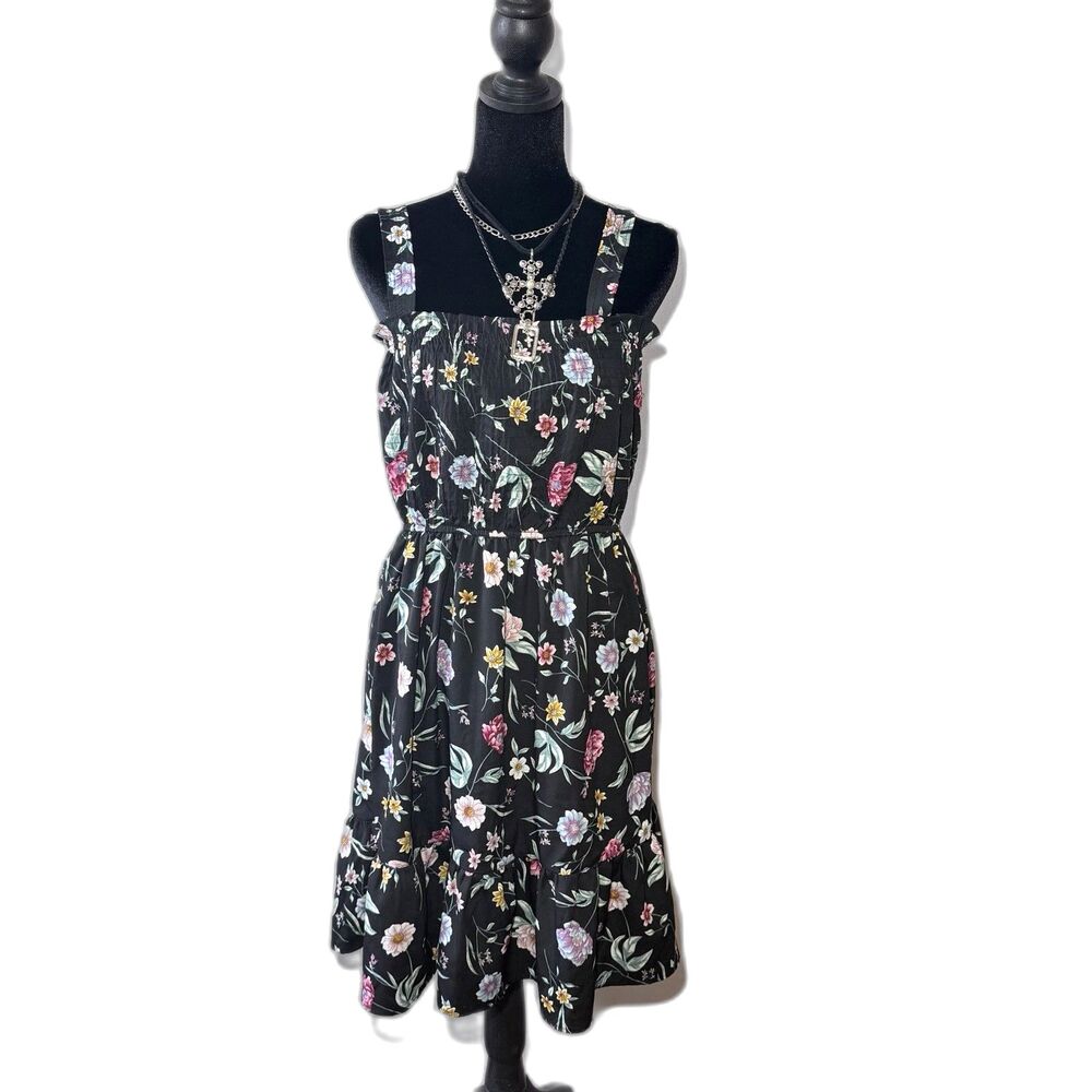 Speed Control New York Black Sleeveless Floral Dress Elastic Waist Size L